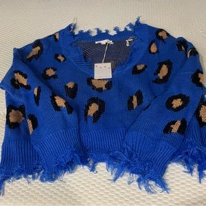Blue leopard print distressed sweater